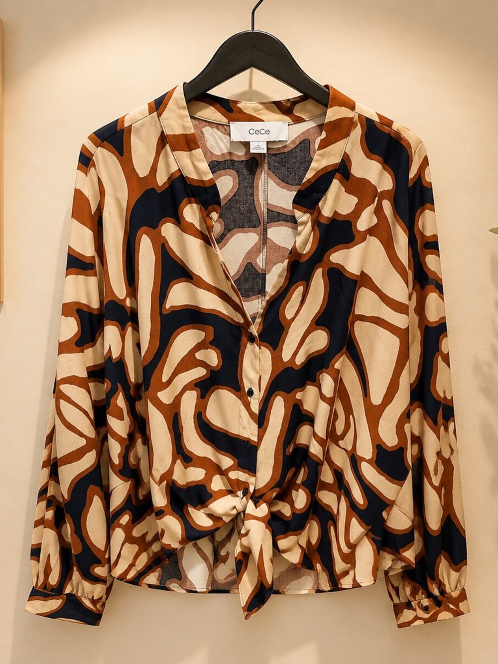 CeCe Tan, Brown & Navy Abstract Tie-Front Blouse